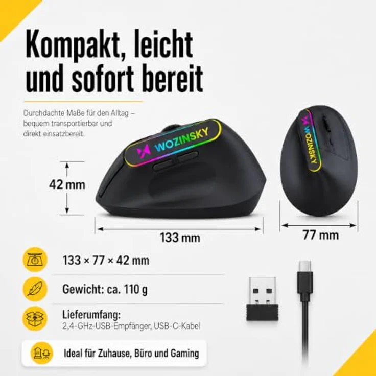 Wozinsky WMG-1164 Gaming-Maus, kabellos mit 2,4 GHz & Bluetooth 5.0, ergonomisches 57° Vertikaldesign, 3600 DPI, RGB-Beleuchtung, schwarz – Bild 3