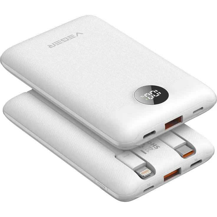 Veger Powerbank 10000 mAh mit Kabeln Typ C /iPhone Anschluss PD QC3.0 2A 22,5W - Weiß