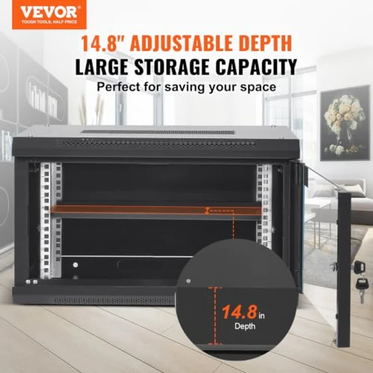 VEVOR 6U Netzwerk-Serverschrank zur Wandmontage, 14,8'' tief, abschließbare Glastür, max. 200 lbs, optimierte Wärmeableitung für IT- und A/V-Geräte – Bild 2
