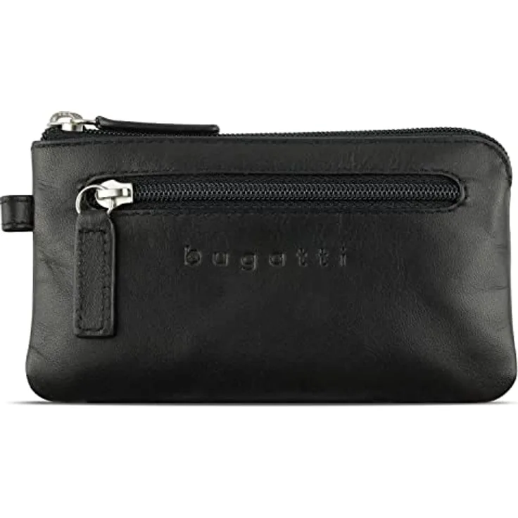 bugatti Schlüsseltasche Super Slim, aus echtem Leder, schwarz, mit 2 Schlüsselringen und Zipperfach