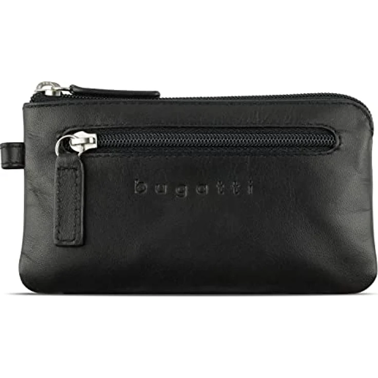 bugatti Schlüsseltasche Super Slim, aus echtem Leder, schwarz, mit 2 Schlüsselringen und Zipperfach – Bild 1
