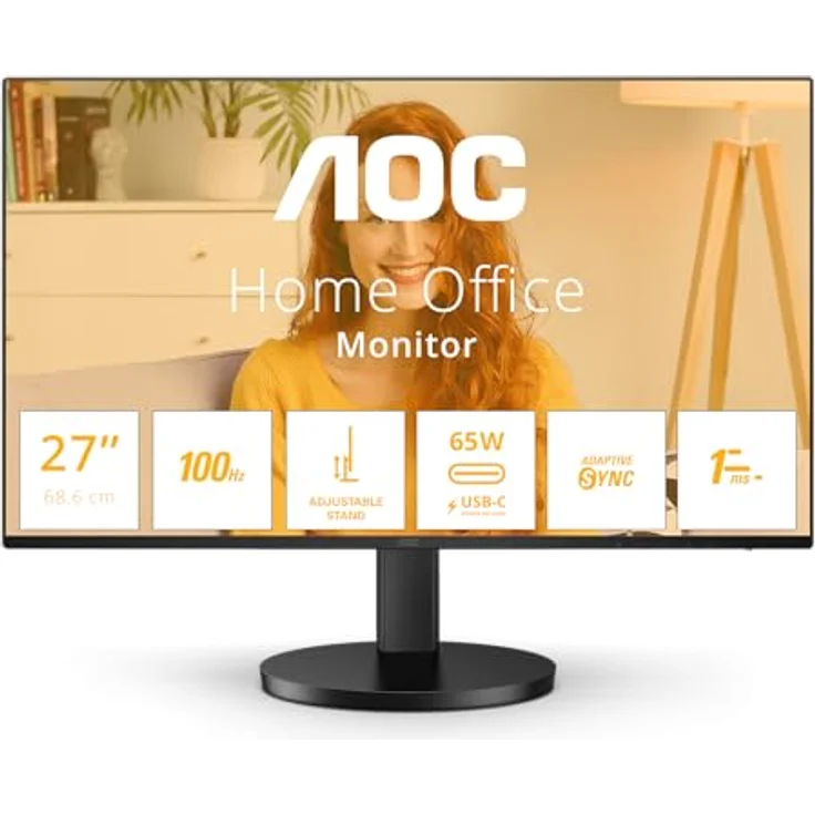 AOC Q27B3CF2-27 Zoll QHD Monitor, Lautsprecher, höhenverstellbar (2560x1440, 100Hz, HDMI 1.4, USB-C (65W PD), USB Hub) schwarz – Bild 2