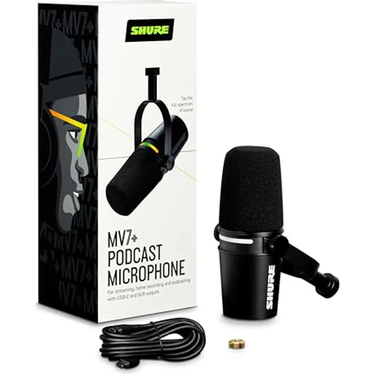 Shure MV7+ Podcast Mikrofon-Verbessertes Audio, LED-Touchpanel, USB-C- und XLR-Ausgänge, Auto-Level-Modus, digitaler Pop-Filter, Halleffekte, Podcasting, Streaming, Aufnahme - Schwarz – Bild 2
