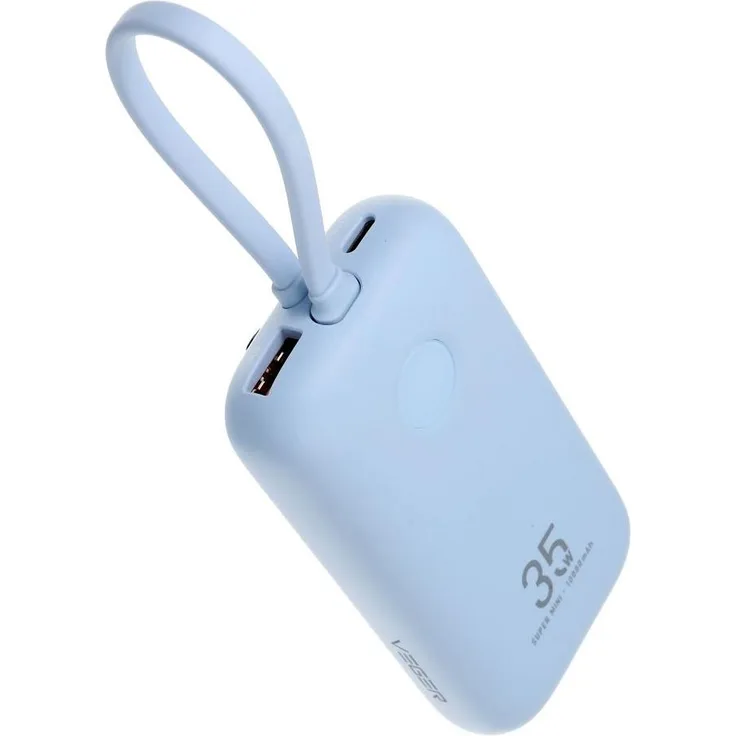 VEGER Powerbank K1 (W1188), 10000 mAh mit integrierten Kabeln Typ C / Lightning, PD QC3.0 35W, himmelblau