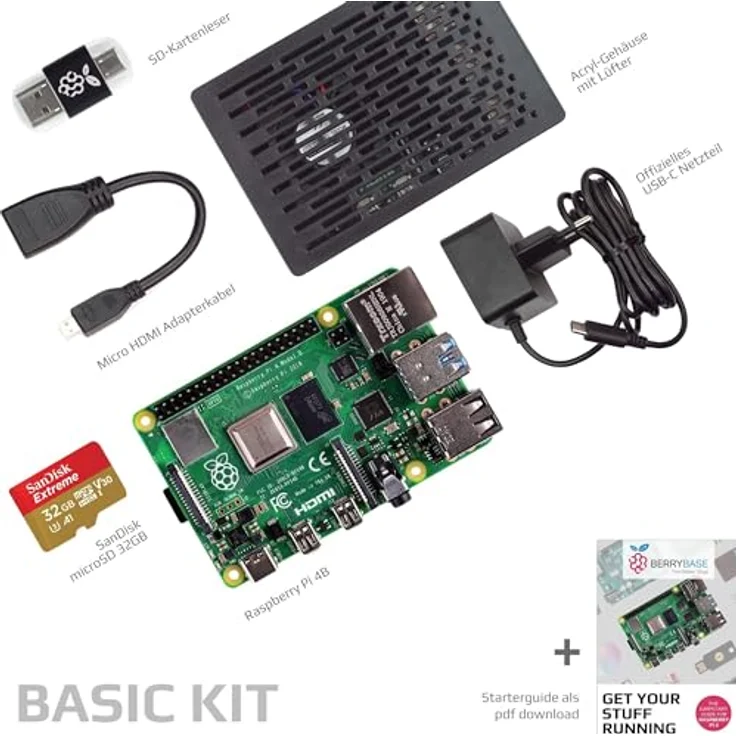 BerryBase Raspberry Pi 4B Model B, 8GB Basic Kit mit ARM Cortex-A72, 4K Doppelausgabe und Acrylgehäuse – Bild 2