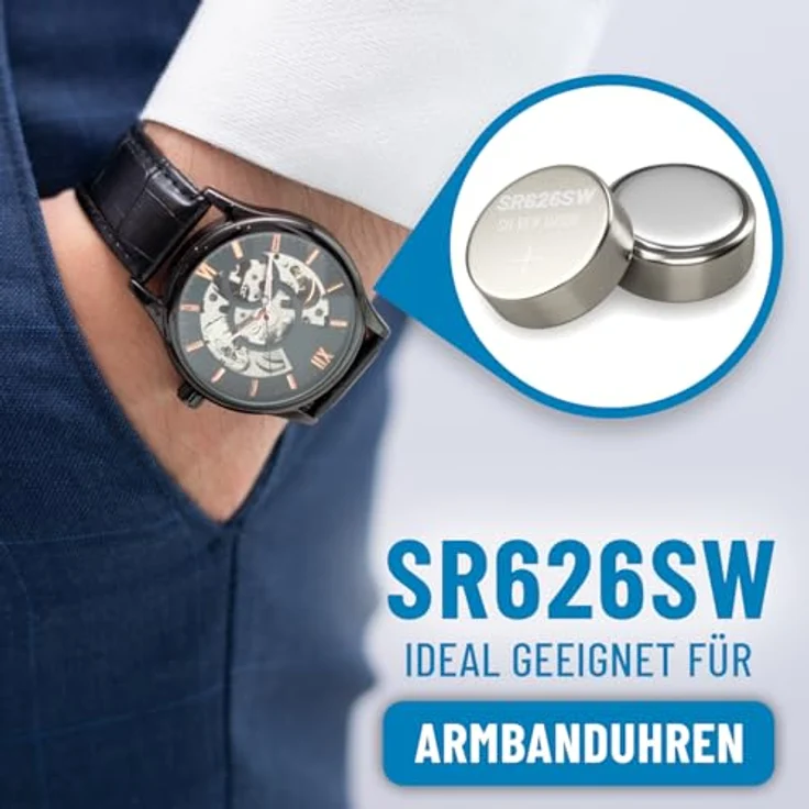 ABSINA SR626SW Uhrenbatterie 1,55V Silberoxid 10er Pack - Knopfzellen SR626SW auslaufsicher & Lange Haltbarkeit - Batterie SR626SW, Uhrenbatterien SR626SW Knopfzelle – Bild 2