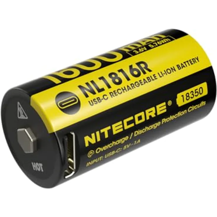 Nitecore Li-Ion NL1816R 18350 Akku, 3,6V 1600mAh mit USB-C-Ladeanschluss und Sicherheitsfunktionen