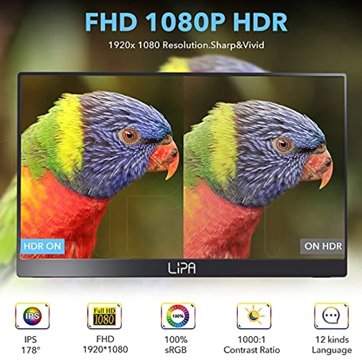 Lipa HDR-60 Tragbarer Monitor 17,3"/144 Hz/Full HD/HDMI/2X USB C/1920p/2 Lautsprecher mon08 Schwarz, mit Hülle und Ständer – Bild 4