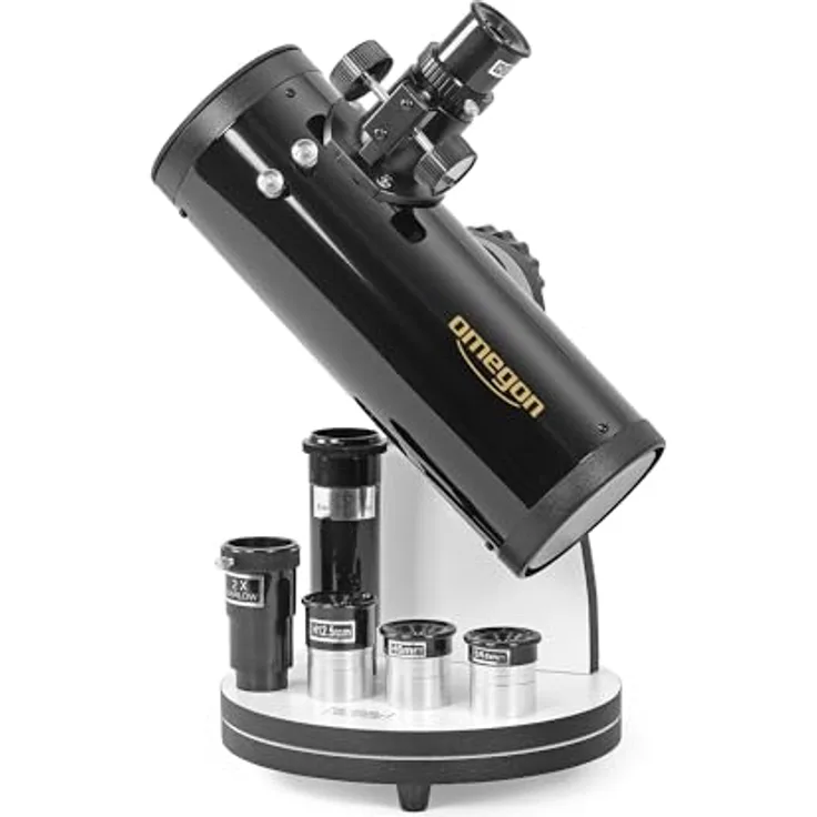 Omegon Dobson Teleskop N 76/300 DOB, Newtonteleskop mit 76 mm Öffnung, intuitiver Dobson Montierung, inklusive 4 Okulare und Barlowlinse, 1,6 kg, 40 cm hoch