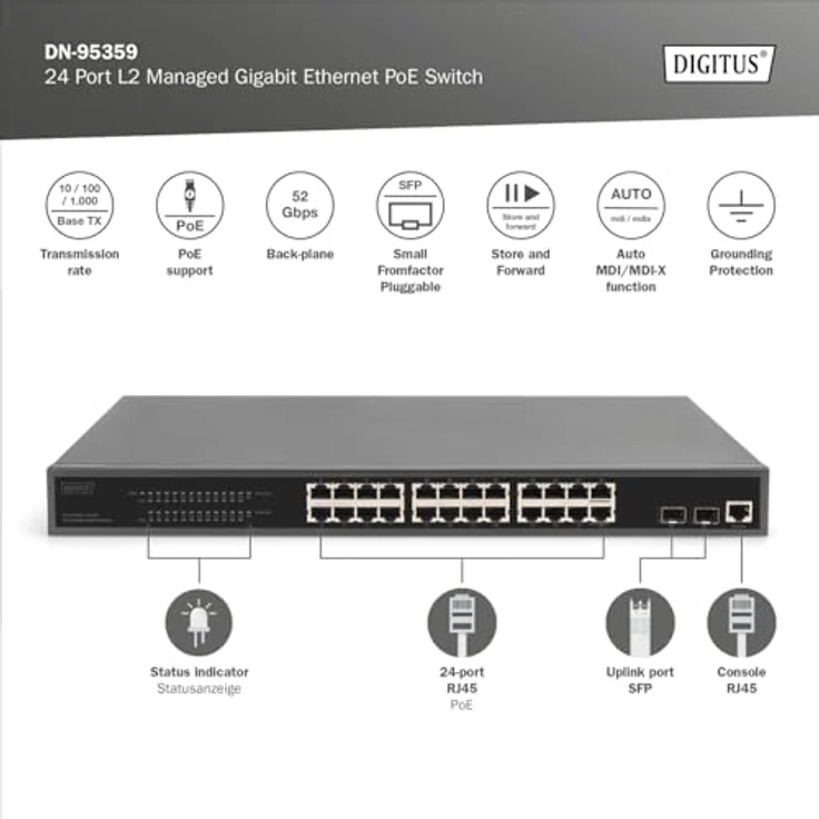 DIGITUS 27-Port Managed Gigabit PoE Netzwerk-Switch - 24 RJ45-Ports - 2 SFP-Ports - 1 Console-Port - 450W PoE-Budget - L2 Features - 19 Zoll - 10/100/1000 Mbps - Schwarz – Bild 2