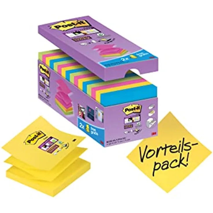 Post-it Super Sticky Z-Notes Haftnotizblock, 76x76 mm, extra starke Haftung, 16 Stück in immergrün, ultragelb, powerpink und paradiseblau