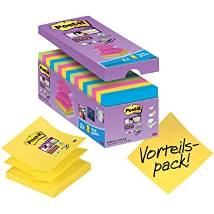 Post-it Super Sticky Z-Notes Haftnotizblock, 76x76 mm, extra starke Haftung, 16 Stück in immergrün, ultragelb, powerpink und paradiseblau – Bild 1