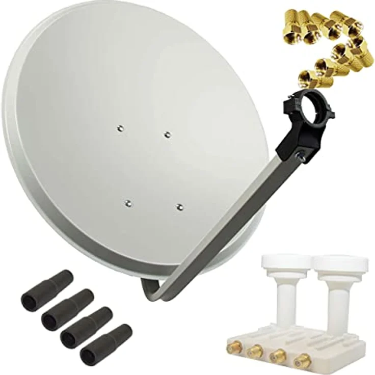 PremiumX SAT Anlage PXS-80, 80cm Antenne in Hellgrau mit Quad Monoblock LNB und 8x F-Stecker, robust für HDTV/FullHD Empfang – Bild 1