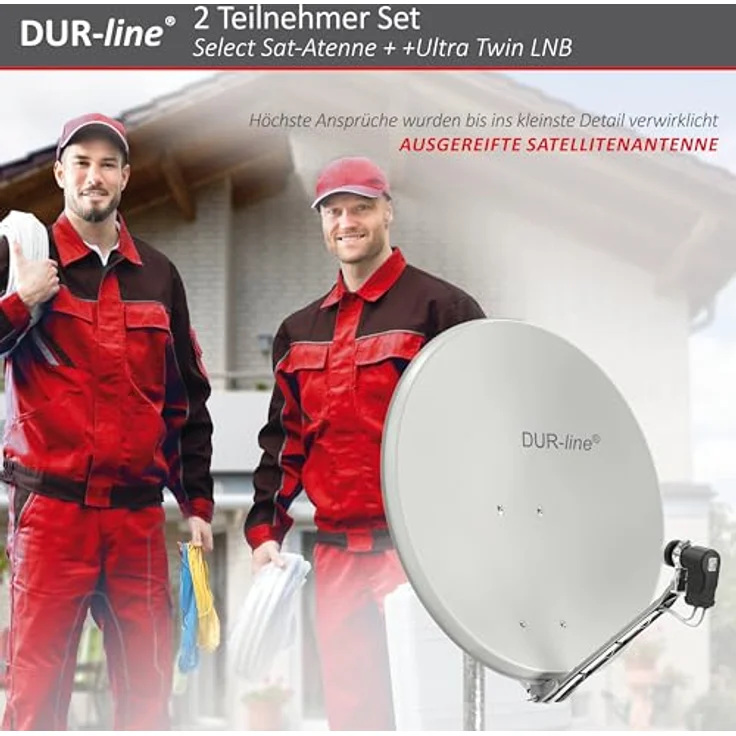 DUR-line 2 Teilnehmer Set - Qualitäts-Alu-Satelliten-Komplettanlage - Select 75/80cm Spiegel/Schüssel Hellgrau + Twin LNB - für 2 Receiver/TV [Neuste Technik, DVB-S2, 4K, 3D] – Bild 10