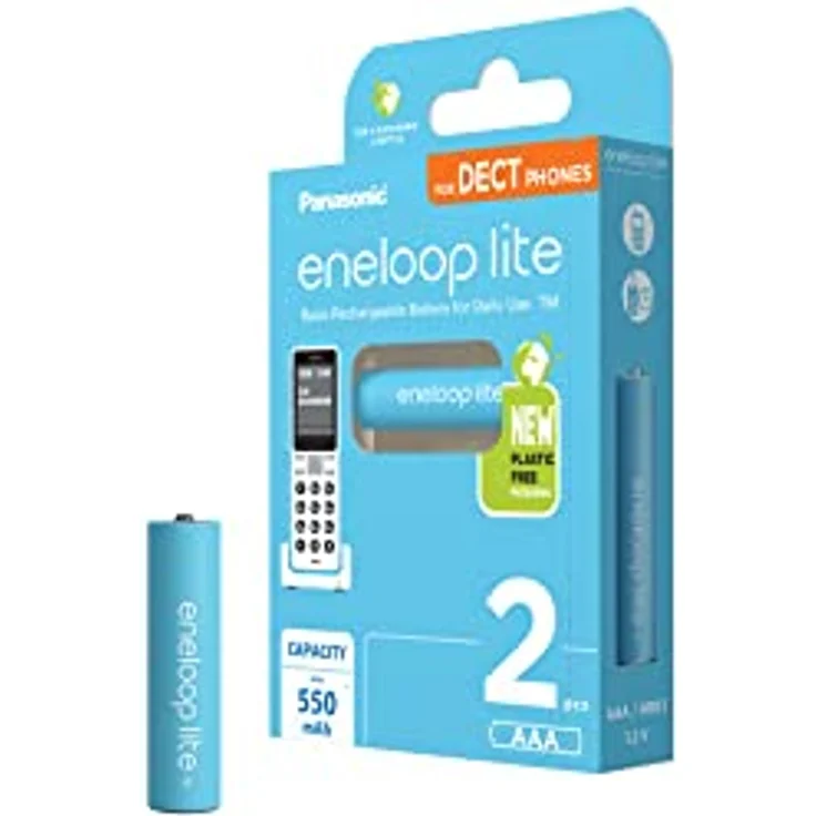 Panasonic eneloop lite, Ready-to-Use Ni-MH Akku, AAA/Micro, 2er-Pack für schnurlose Telefone (DECT), min. 550 mAh, mit geringer Selbstentladung, wiederaufladbarer Akku in 100% plastikfreier Verpackung – Bild 1