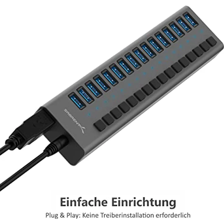 SABRENT 16 Port USB hub aktiv 3.2 gen1 und USB Ladegerät 90W Mehrfach Schnellladegerät mit Netzteil, USB Adapter,Verteiler Ladestation, Powered USB hub mit EIN/AUS-schaltern (HB-PU16) – Bild 4