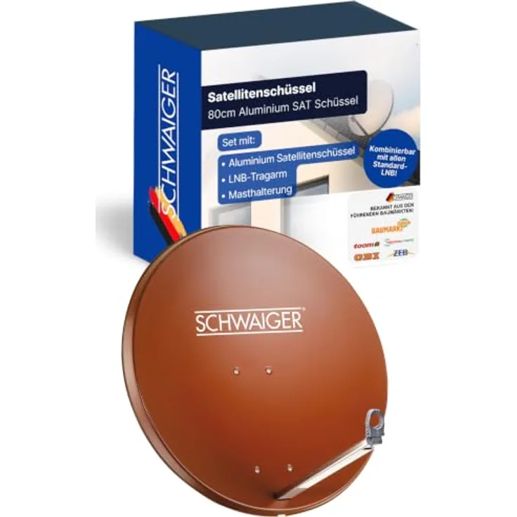 SCHWAIGER Satellitenschüssel Ø 80 cm, Aluminium Offset Antenne in Ziegelrot, wetterfest, Multifeed geeignet, LNB Tragarm & Masthalterung, max. Empfangsleistung 38,5 dB