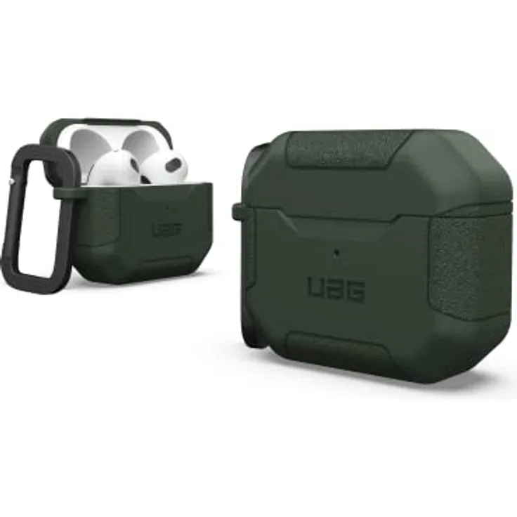 Urban Armor Gear Scout Case für die Apple AirPods (3. Generation 2021) Hülle [Wireless-Charging kompatibel/Status LED sichtbar, Strukturiertes TPU, Abnehmbarer Karabinerhaken] Olive
