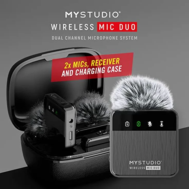 MyStudio Wireless MIC Duo • Mikrofon-Set mit Zwei Lavalier-Ansteckmikrofonen • Schnurlos • Für Zwei Anwender gleichzeitig • Kompatibel mit Smartphones und Kameras • Schutzcase als Ladestation – Bild 2