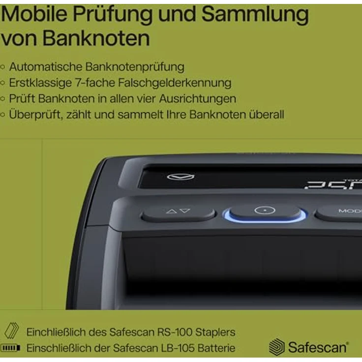 Safescan 155-S Complete, automatischer Geldscheinprüfer mit 7-facher Echtheitsprüfung, inkl. Akku und Banknotenstapler – Bild 2
