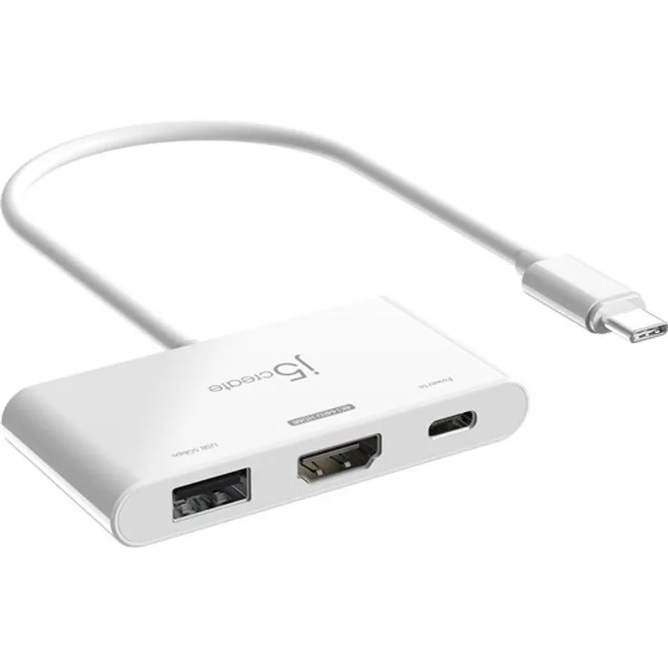 j5create USB-C zu 4K HDMI Adapter mit 100W PD, 24-pin USB-C männlich, 20 cm, weiß, unterstützt 4K bei 144 Hz, USB-A 3.2 weiblich, bis zu 5 Gbps Datenübertragung