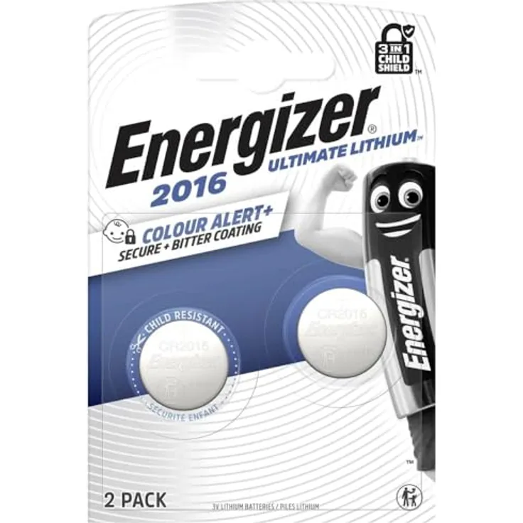 Energizer Knopfzelle CR 2016 3 V 2 St. 90 mAh Lithium E304205800 Knopfzelle, (3.00 V) - Hohe Effizienz, geringe Selbstentladung, -30 bis 60 °C Temperaturbereich