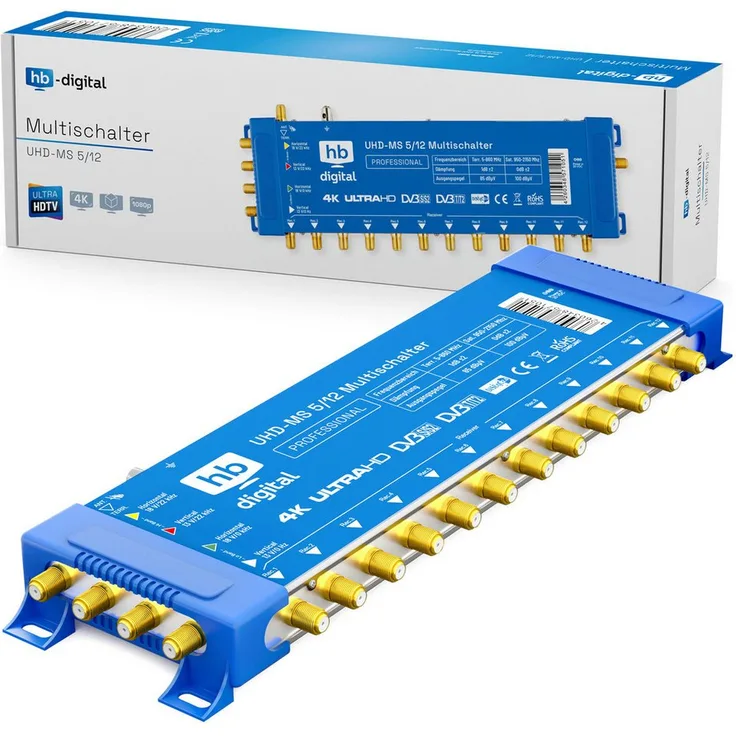 HB-DIGITAL SAT-Multischalter SQMS 5/12, Multiswitch für bis zu 12 Teilnehmer, geeignet für Quattro LNBs, mit vergoldeten F-Anschlüssen und 4K/UHD Unterstützung