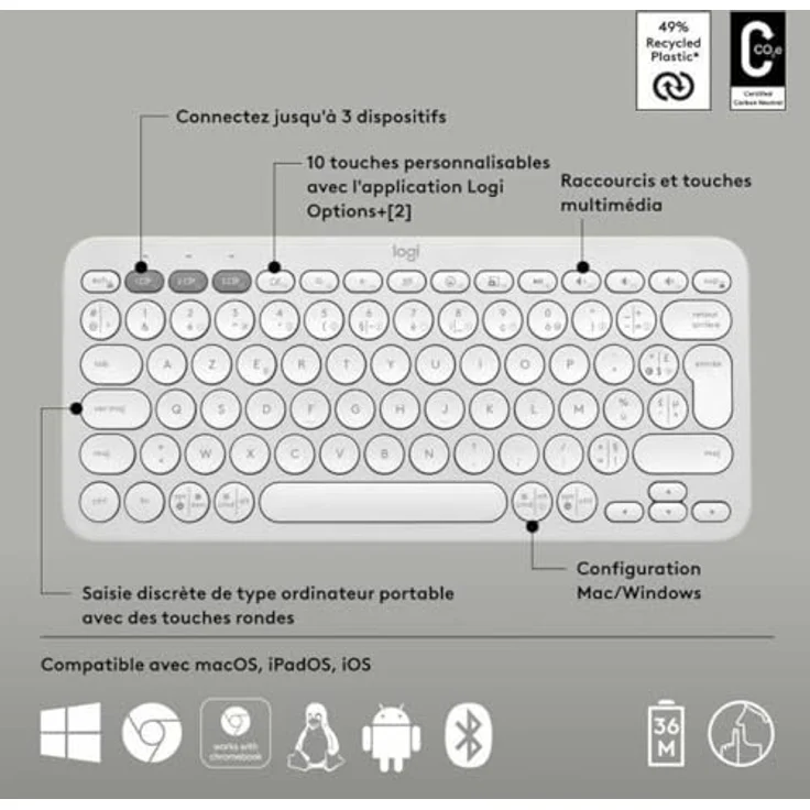 LOGITECH Pebble Keys 2 K380s, AZERTY Tastatur in Tonal White, kabellos über Bluetooth – Bild 6