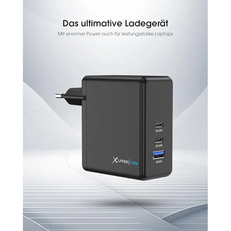 XLayer Powercharger USB-C Schnellladegerät 140W PD, kompakt und leicht, 3-Port GaN Charger, kompatibel mit MacBook Pro/Air, iPhone 16/15 Pro Max, iPad Pro, Galaxy S23 Ultra, Lenovo – Bild 2