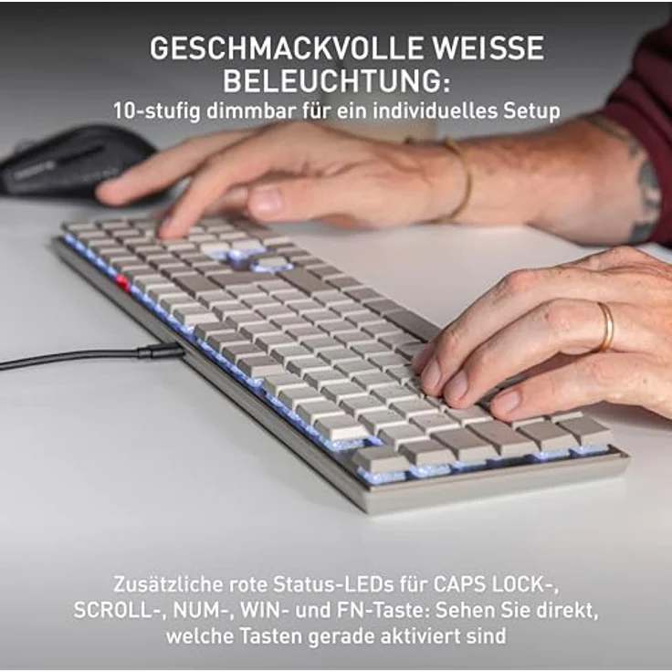 CHERRY KC 500 MX LP, Mechanische Low-Profile-Tastatur, Deutsches Layout (QWERTZ), Kabelgebunden (USB-A), Weiße Beleuchtung, MX LP 2.0 Ivory Switches, Grau – Bild 4
