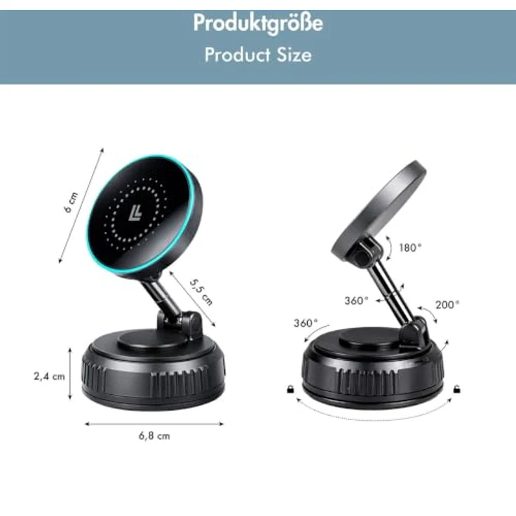 LogiLink Smartphone-KFZ-Magnethalter für induktionsladen, MagSafe-kompatibel mit 25 Watt Qi-Ladefunktion, drehbar um 360 Grad, Saugnapfbefestigung – Bild 7
