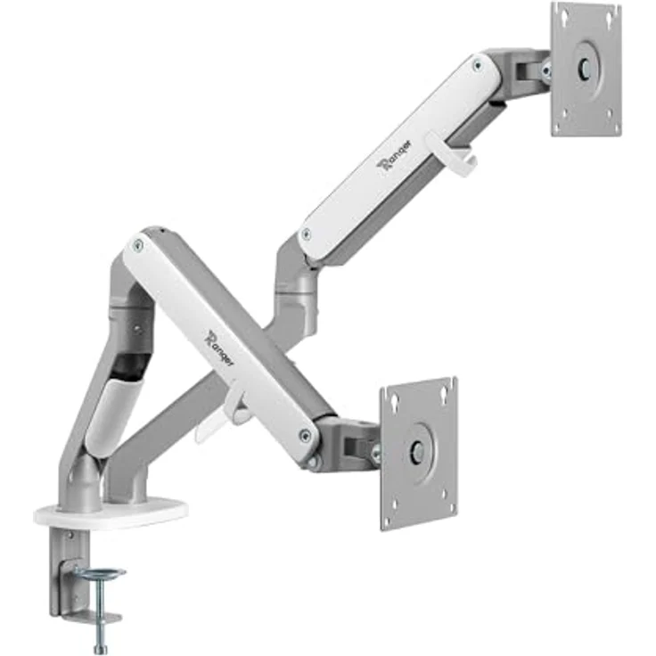 Ranqer Monitorhalterung Pro Dual, 2 Monitore, 17-35 Zoll, VESA 75 & 100 mm, Höhenverstellbar, 360° Rotation, Weiß – Bild 4