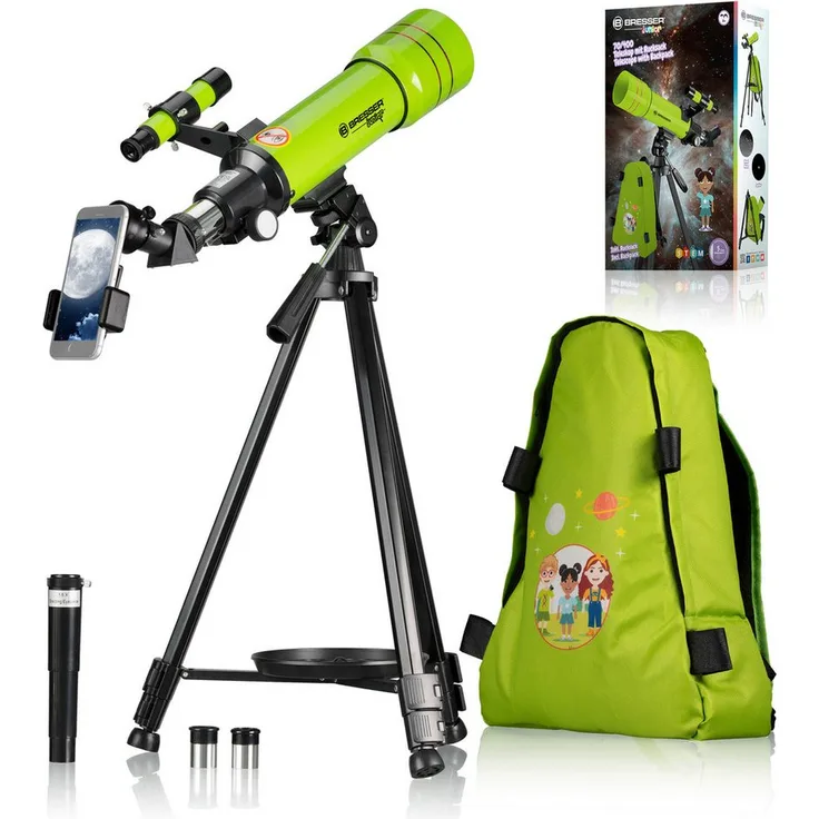 BRESSER junior Linsenteleskop 70/400 mit Rucksack grün, Teleskop für Kinder mit 20x-100x Vergrößerung und Smartphone-Halterung