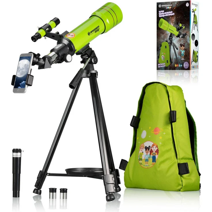 BRESSER junior Linsenteleskop 70/400 mit Rucksack grün, Teleskop für Kinder mit 20x-100x Vergrößerung und Smartphone-Halterung