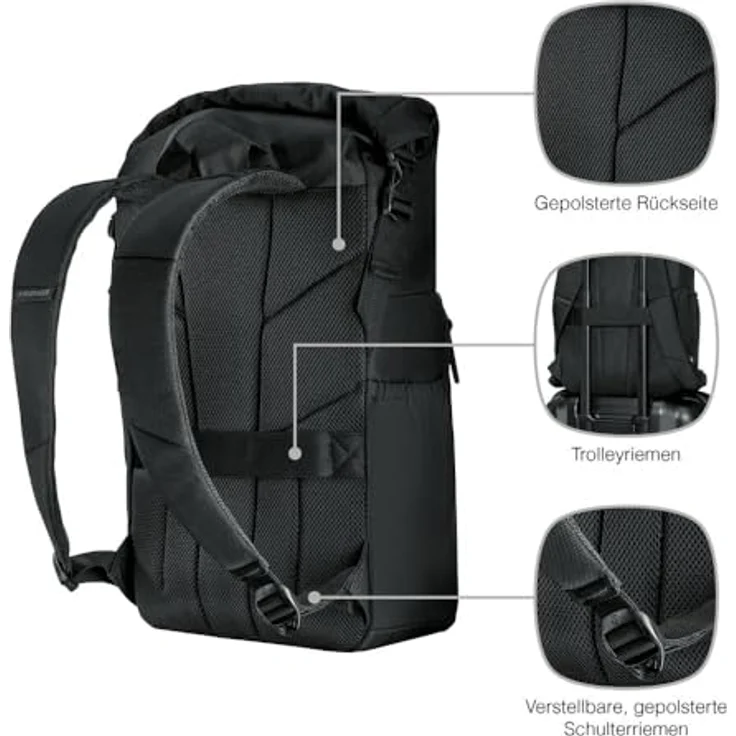 WENGER UrbanOne Roll-Top Backpack, Laptop-Rucksack bis 15,6 Zoll mit Rollverschluss, 25 l, Schwarz, für Damen/Herren, Büro und Uni – Bild 5
