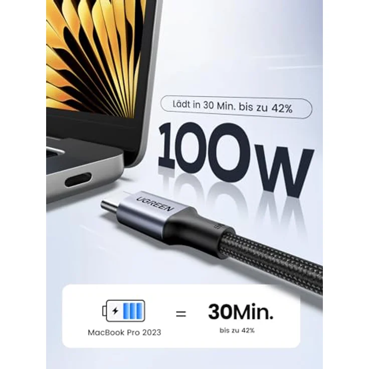 UGREEN USB C Kabel 100W PD 3.0 Ladekabel 3m Space Grau - Schnellladekabel 5A/20V PPS kompatibel mit iPhone 15 Pro Max M3 MacBook Pro/Air iPad Pro Galaxy S24 Ultra A54 Pixel 7 Steam Deck – Bild 2