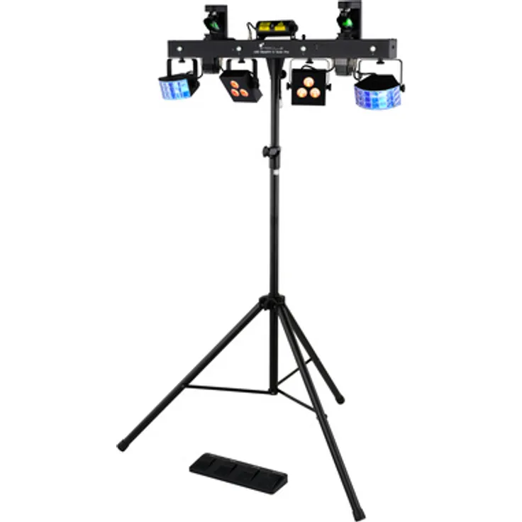 Stairville BossFX-3 Scan Pro, All-in-One-Lichteffekt-Set mit 2x 15 W LED-Scannern, 2x 9 W RGB Derby, 2x 9 W RGB PAR, 4x 1 W Strobe und 100 mW Rot / 30 mW Grün Laser, Schwarz