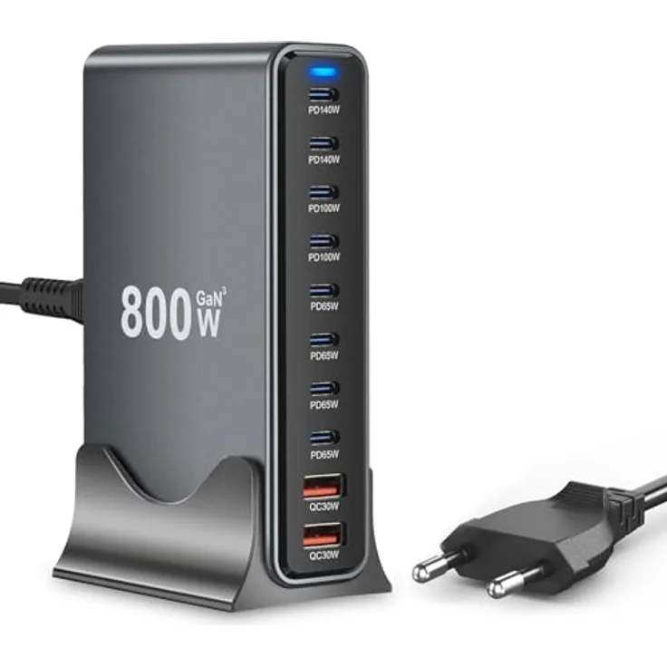 Lizoak 800W USB C Ladegerät, GaN Netzteil mit 10-Port Multi-Geräte Schnellladeleistung, PPS PD 140W, vertikal, kompatibel mit iPhone, MacBook Pro/Air, Galaxy