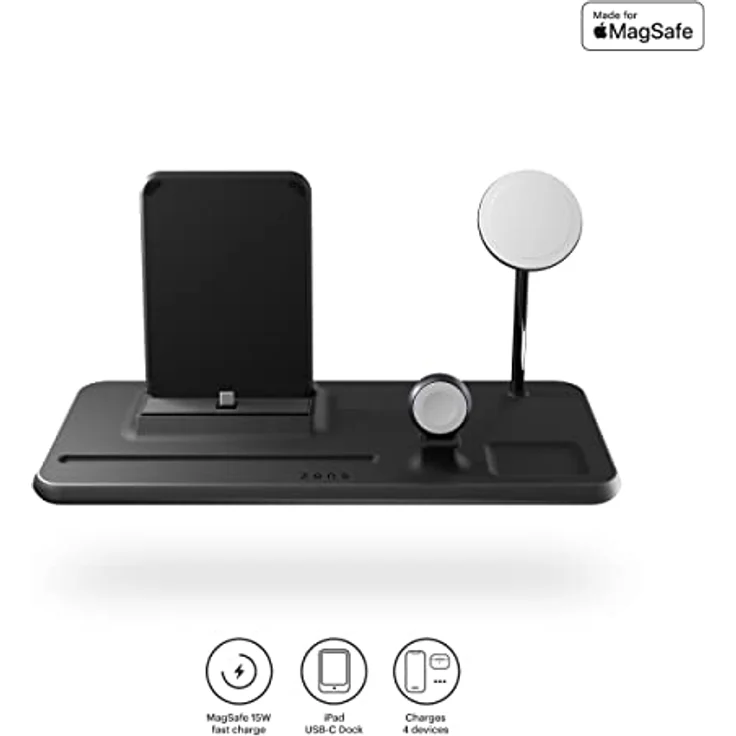 ZENS Aluminium MagSafe Ladestation 4in1 für iPhone, iPad, AirPods, Apple Watch und -Pencil (Qi/Mfi und Made for MagSafe Zertifizierung, 45W Netzteil + Kabel inklusive) Schwarz – Bild 3
