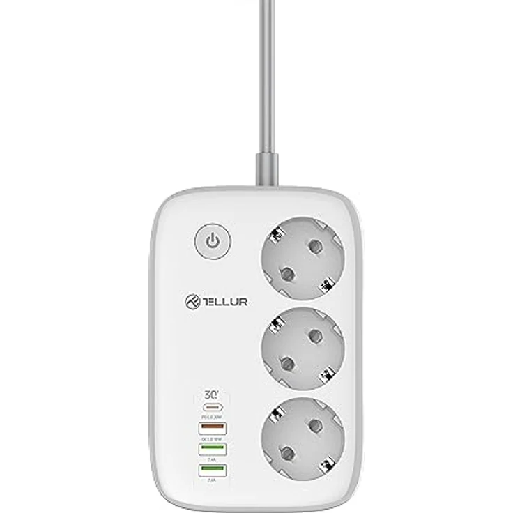 Tellur Steckdosenleiste Smart WiFi Power Strip 3 Outlets PD30W QC18W 2xUSB 2.4A 2500W 10A 2m – Bild 2