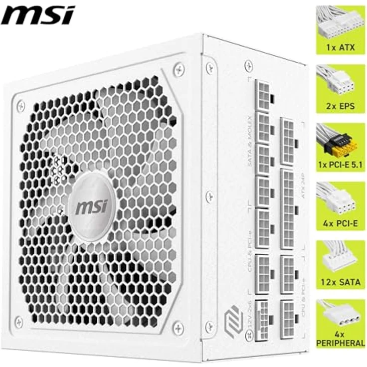 MSI MAG A1000GL PCIE5 White Netzteil, 1000 W, 80 Plus Gold, ATX 3.1, modulare Bauweise, PCIe 5.1 GPU-Unterstützung, weiße Kabel – Bild 5