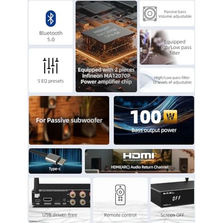 S.M.S.L A50 Pro, 2.1 Kanal HiFi Bluetooth 5.0 Verstärker mit 100W Bassleistung, HDMI (ARC) Unterstützung, MA12070P*2 Chip, einstellbare Frequenzübergangspunkte – Bild 4