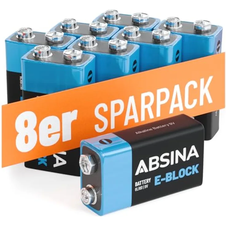 ABSINA 8X 9V Blockbatterie Alkaline, langlebig & auslaufsicher, ideal für Rauchmelder und mehr, Temperaturbereich -20°C bis +60°C