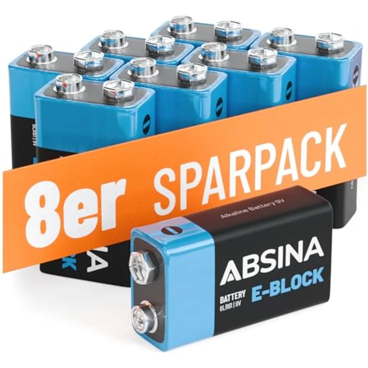 ABSINA 8X 9V Blockbatterie Alkaline, langlebig & auslaufsicher, ideal für Rauchmelder und mehr, Temperaturbereich -20°C bis +60°C – Bild 1