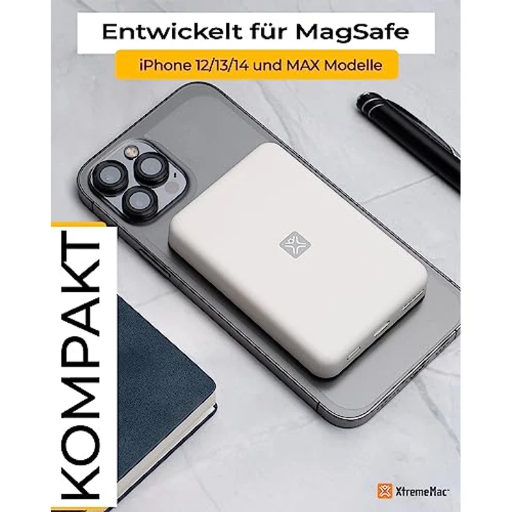 XtremeMac Hochwertige Magnetische Kabellose Powerbank, MagSafe Kompatibel, 5000mAh, für iPhone 12/13/14, mit USB-C und drahtloser Ladefunktion, Leicht und Kompakt, Weiss – Bild 4