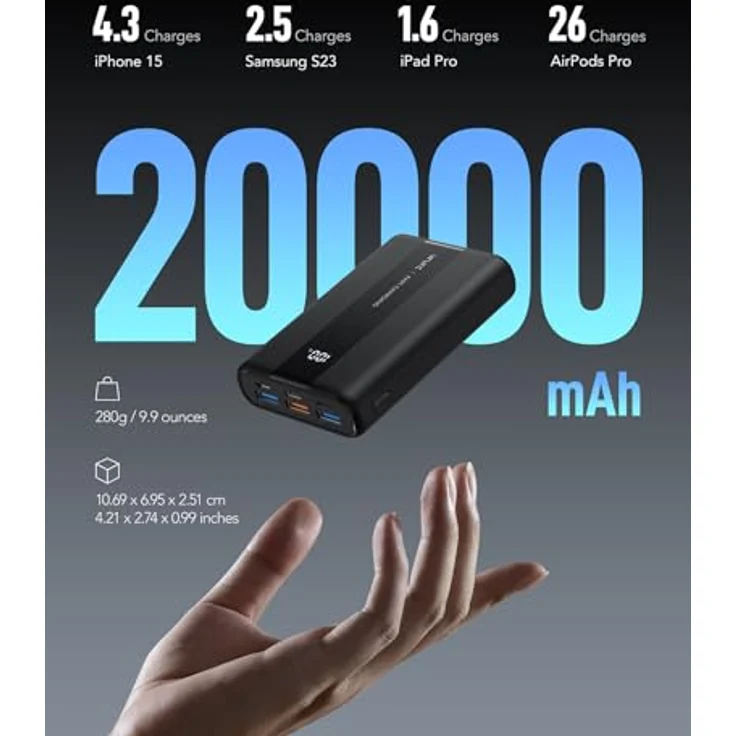VRURC Power Bank 20000mAh, tragbarer externer Akku mit 22,5W QC & PD 3.0 Schnellladen, 6 Ports & LED-Anzeige, CE-zertifiziert für iPhone, Samsung, Huawei, iPad, Reisen – Bild 2