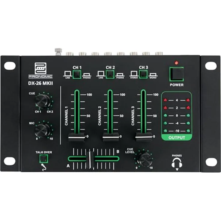 Pronomic DX-26 MKII, 3-Kanal DJ-Mixer mit Cue-Funktion, 2x Line/Phono-Kanal, Mikrofon- und Kopfhöreranschluss, pulverlackiertes Gehäuse aus robustem Stahl