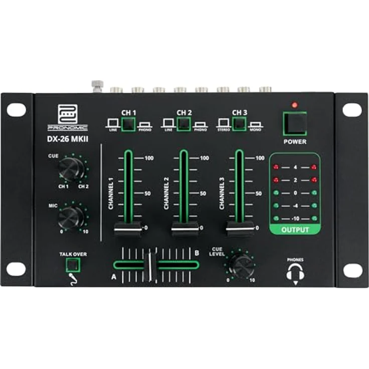 Pronomic DX-26 MKII, 3-Kanal DJ-Mixer mit Cue-Funktion, 2x Line/Phono-Kanal, Mikrofon- und Kopfhöreranschluss, pulverlackiertes Gehäuse aus robustem Stahl – Bild 1
