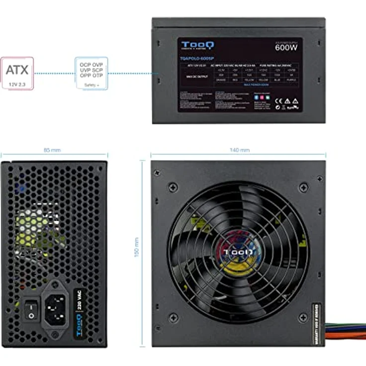 TOOQ TQAPOLO-600SP, 600 W ATX-Netzteil mit aktivem PFC und 140-mm-Lüfter, Schwarz – Bild 4