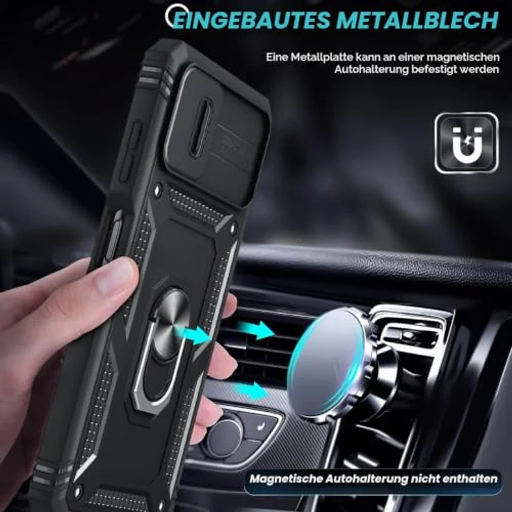 LeYi Handyhülle für Samsung Galaxy A06, Hybrid Metall Ring Ständer Case mit 2 Hartglas Schutzfolien, Kameraschutz und Schiebeabdeckung, schwarz – Bild 4